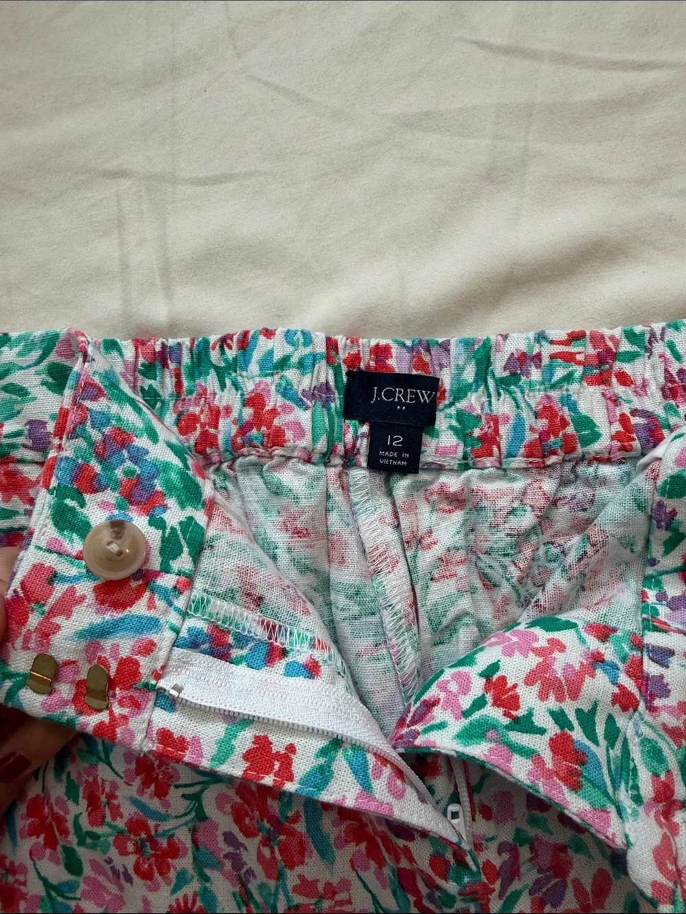 J. Crew Floral Print Bermuda Shorts in White, Red & Green